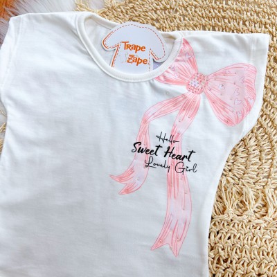 Conj. Blusa Sweet Heart e Short com Strass - Rosa e Off White